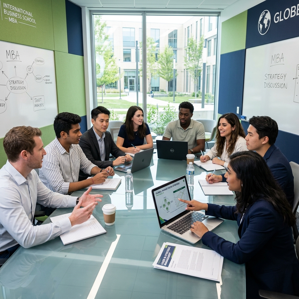 International business school lecture hall and case study group