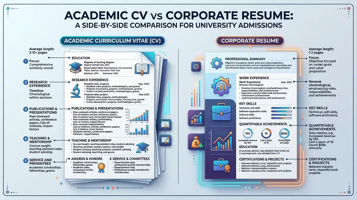 Comparison matrix between academic CV format for MS in US and corporate job resume for Indian applicants