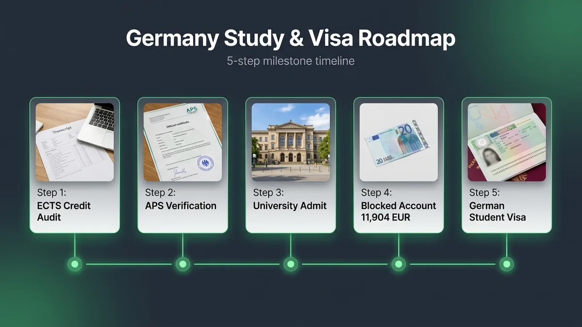 Five-step milestone roadmap covering transcript audit, APS verification, university admit, blocked account and German student visa