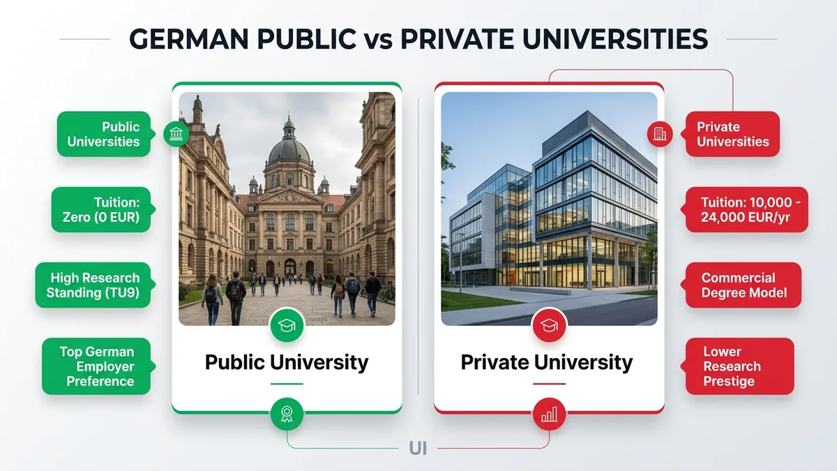 Realistic side-by-side comparison matrix of German public universities versus private commercial colleges