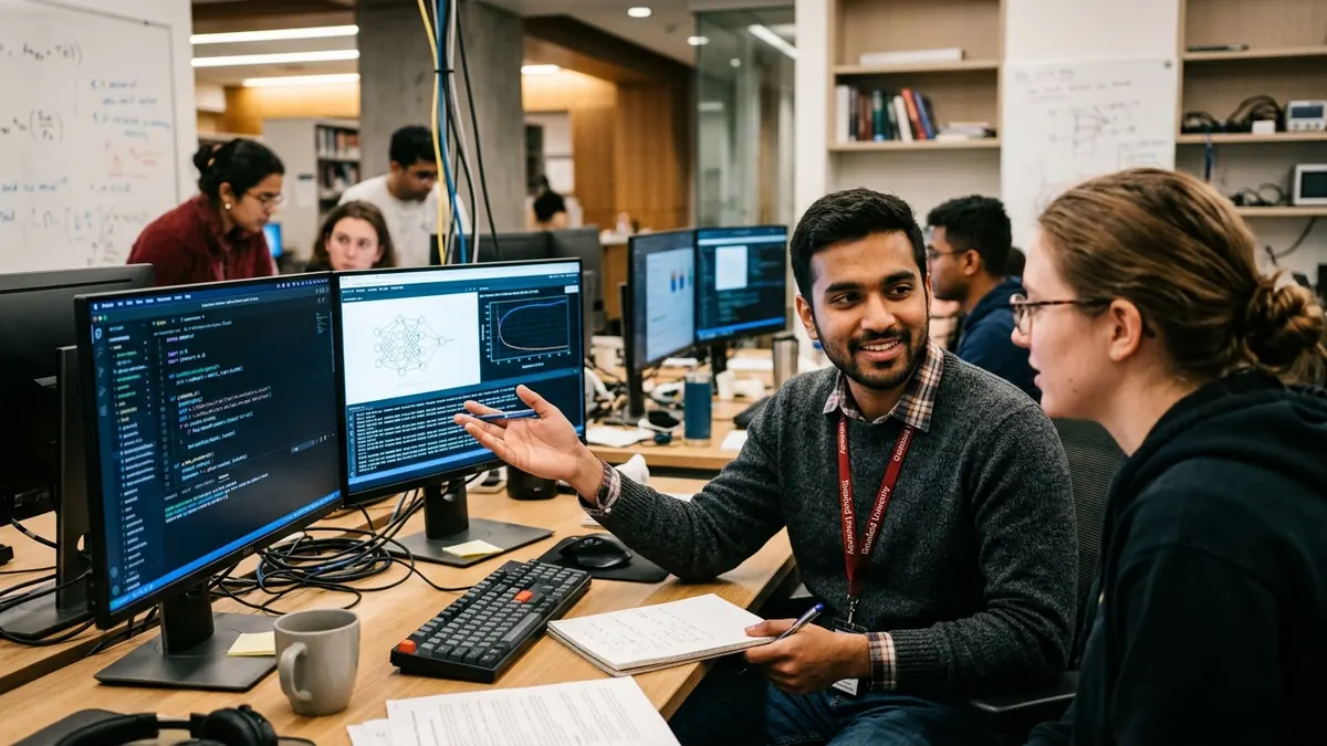 International graduate research assistant conducting technical experiments in a university laboratory