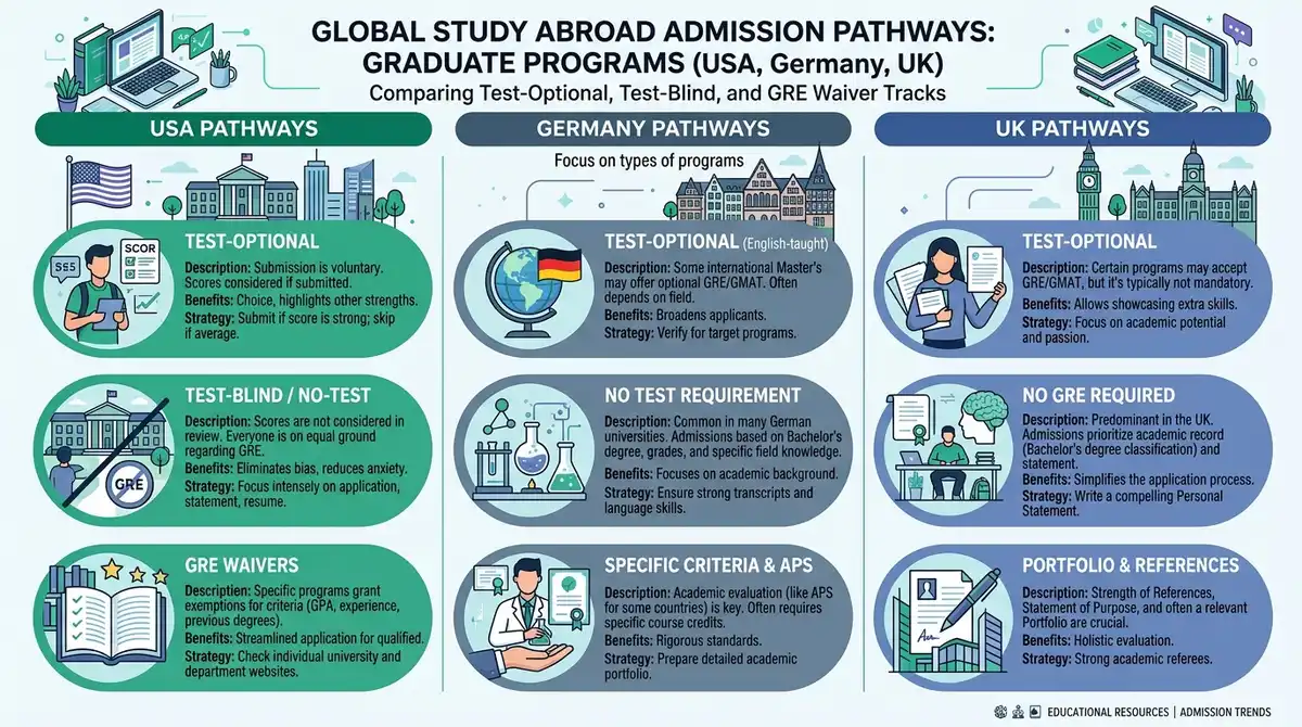 Global study abroad admission pathways comparing test-optional, test-blind and GRE waiver tracks across USA, Germany and UK