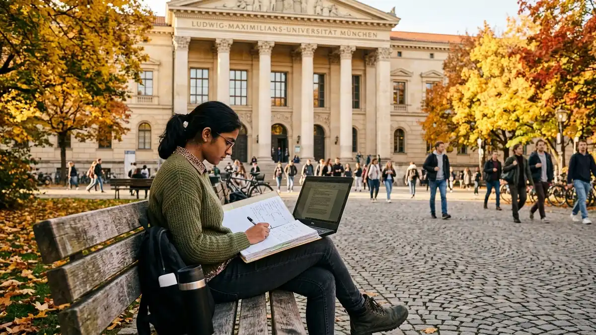 Indian student reviewing German public university admissions outside Ludwig Maximilian University of Munich