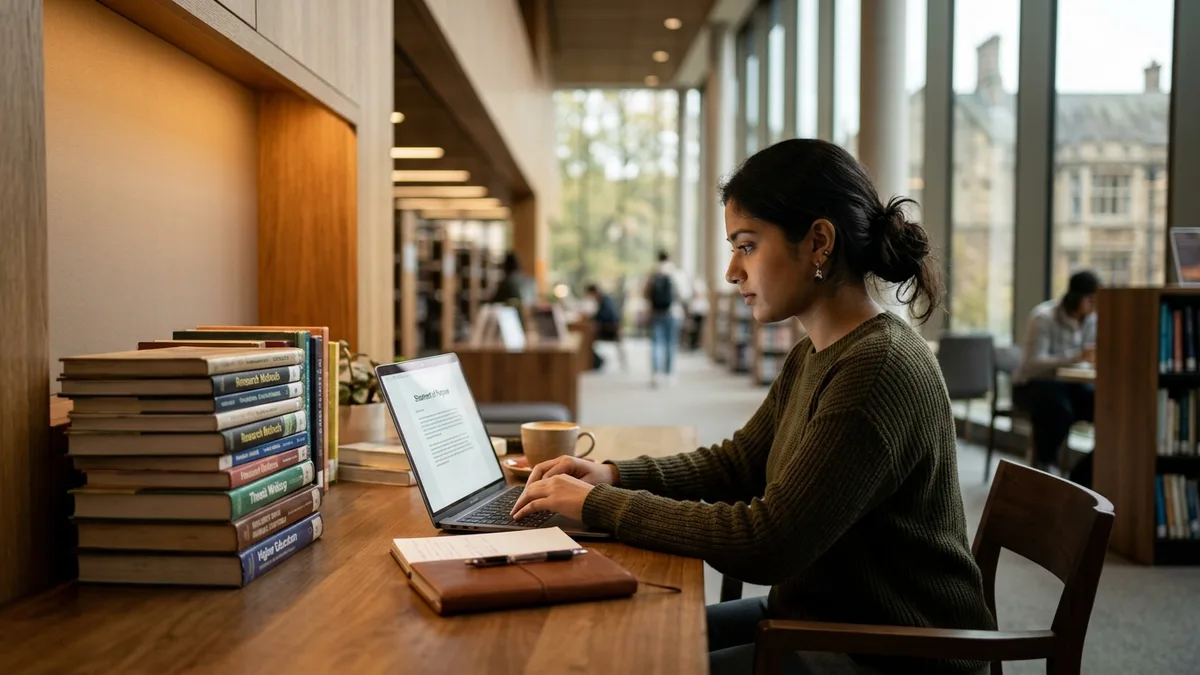 Indian graduate student researching and writing an academic Statement of Purpose for MS abroad admissions