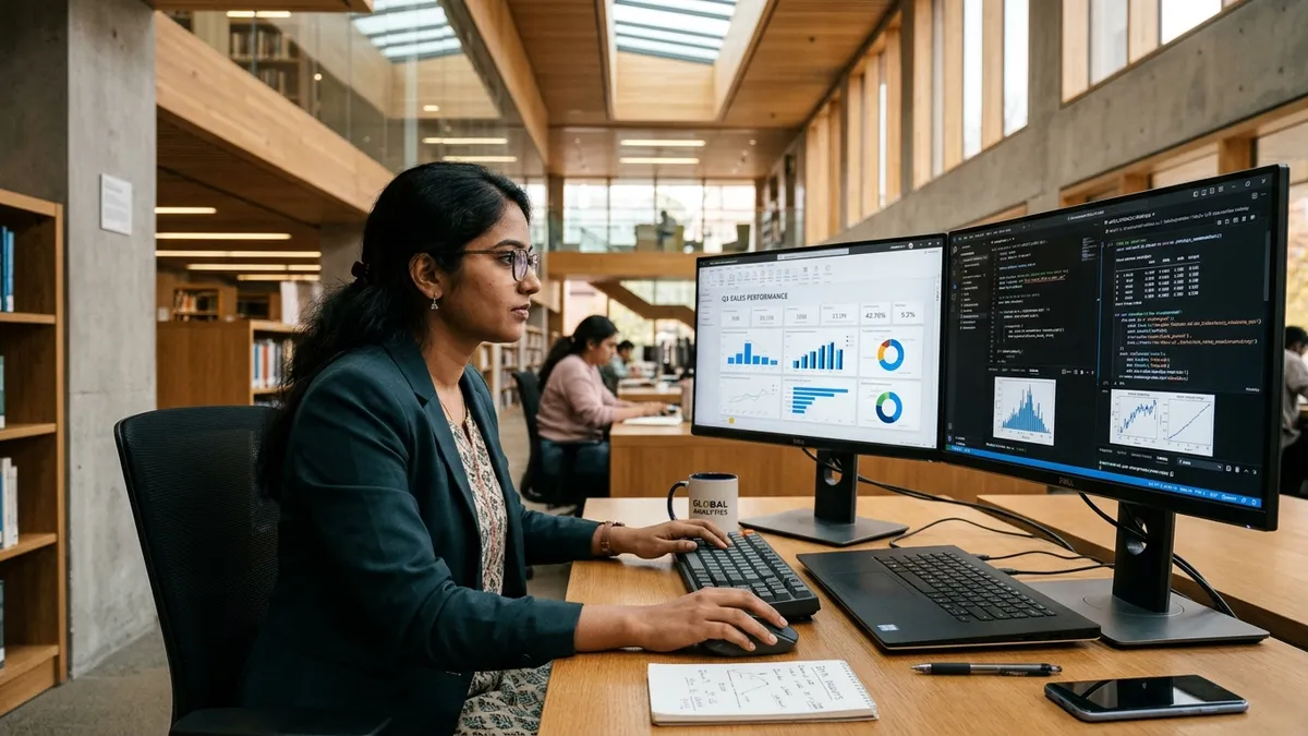 Indian graduate student evaluating MS in Business Analytics vs Data Science career options in modern university library