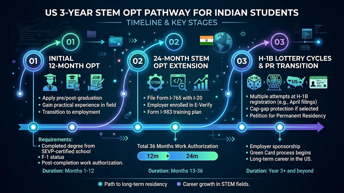 Three-year STEM OPT post-graduation work timeline and H-1B lottery progression for international students in the United States