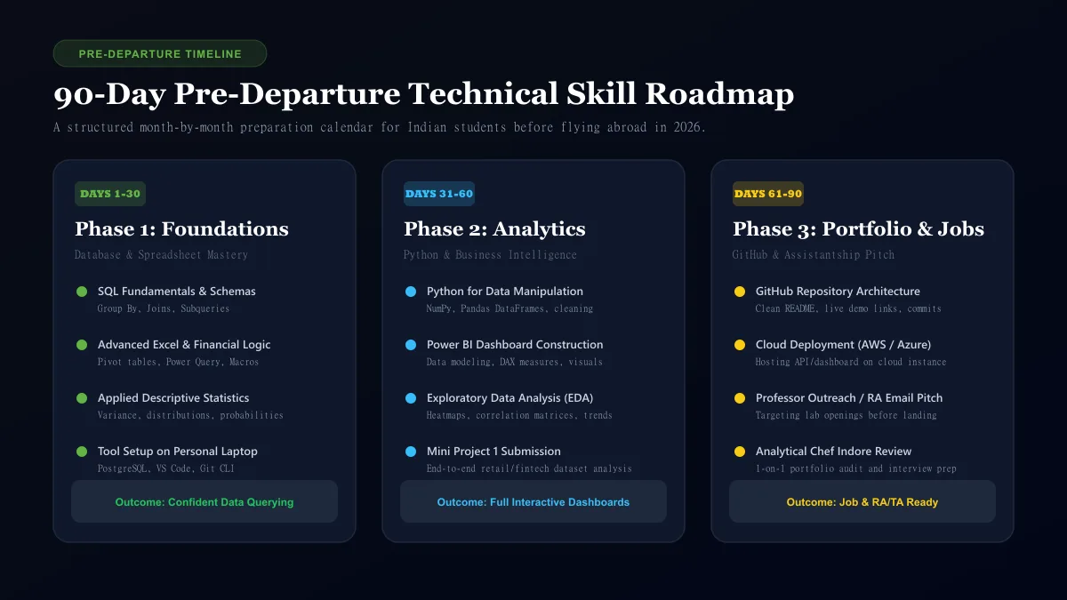 90-day pre-departure technical learning timeline for Indian master's students before flying overseas