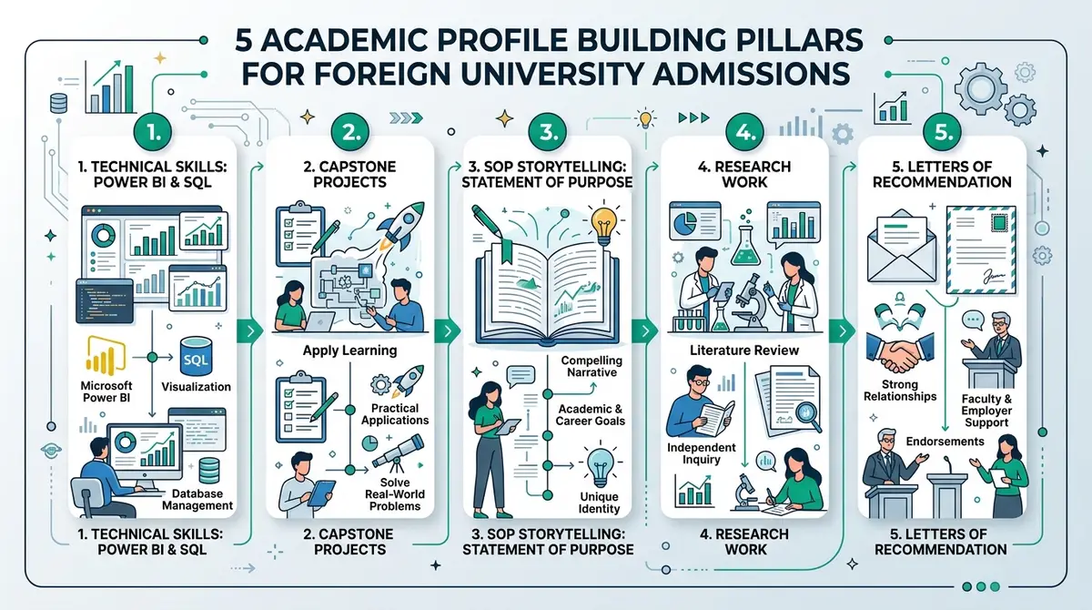 5 academic profile building pillars for foreign university admissions: technical skills, capstone projects, SOP storytelling, research work and recommendation letters