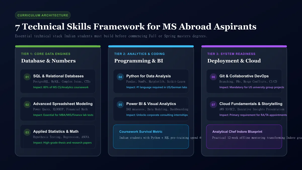 Architecture of the 7 essential technical skills required for Indian students starting an MS abroad in 2026