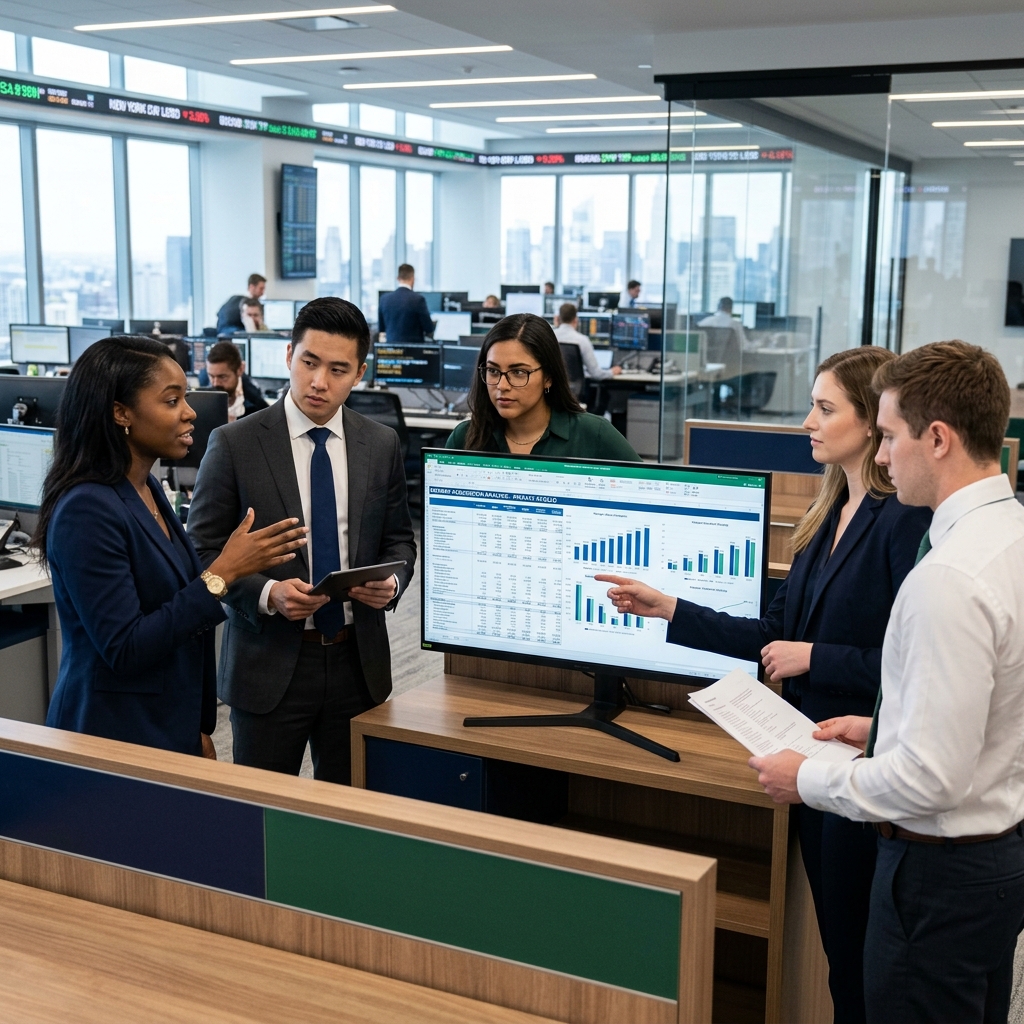 International investment bank trading floor and corporate finance office