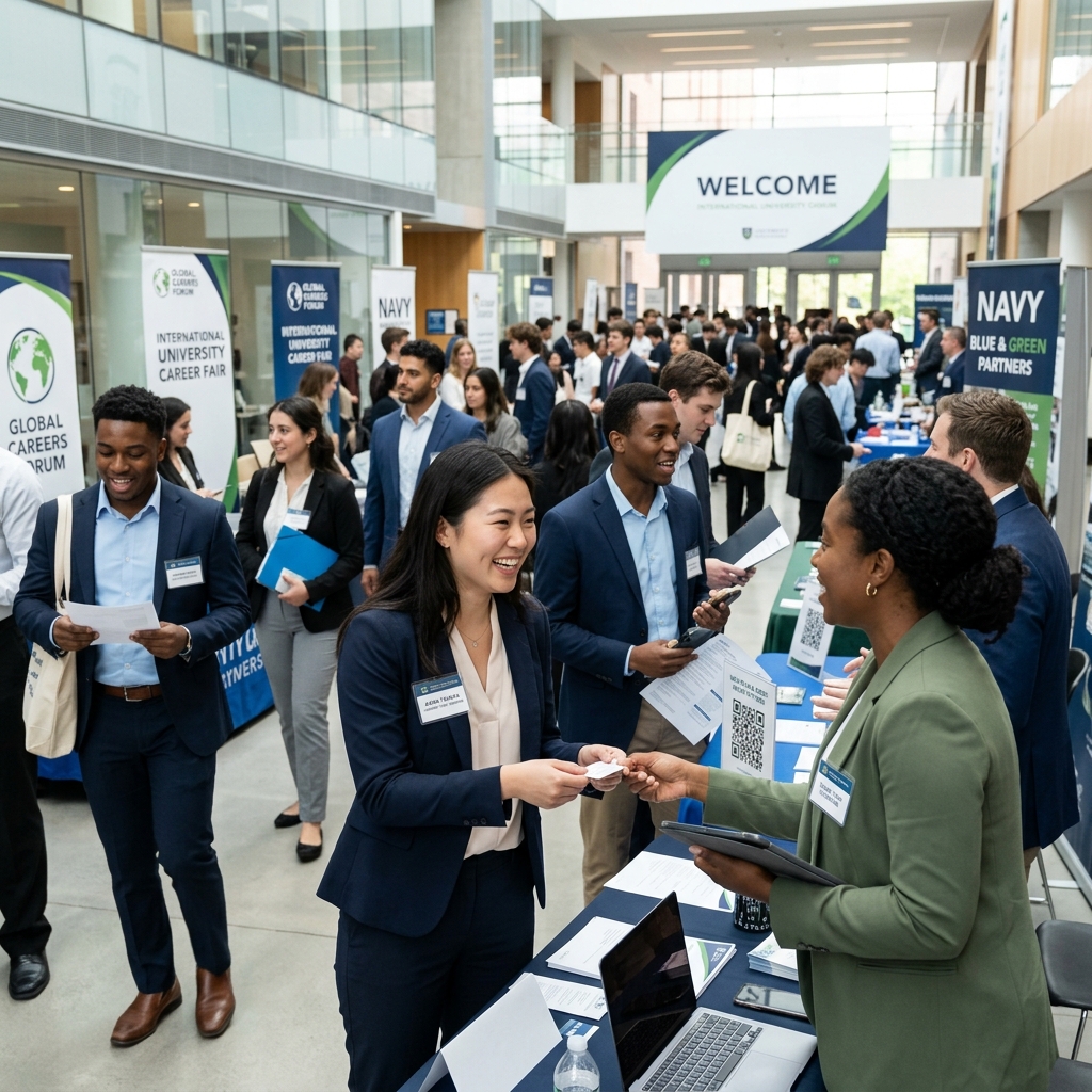 Students networking with recruiters at an international career fair