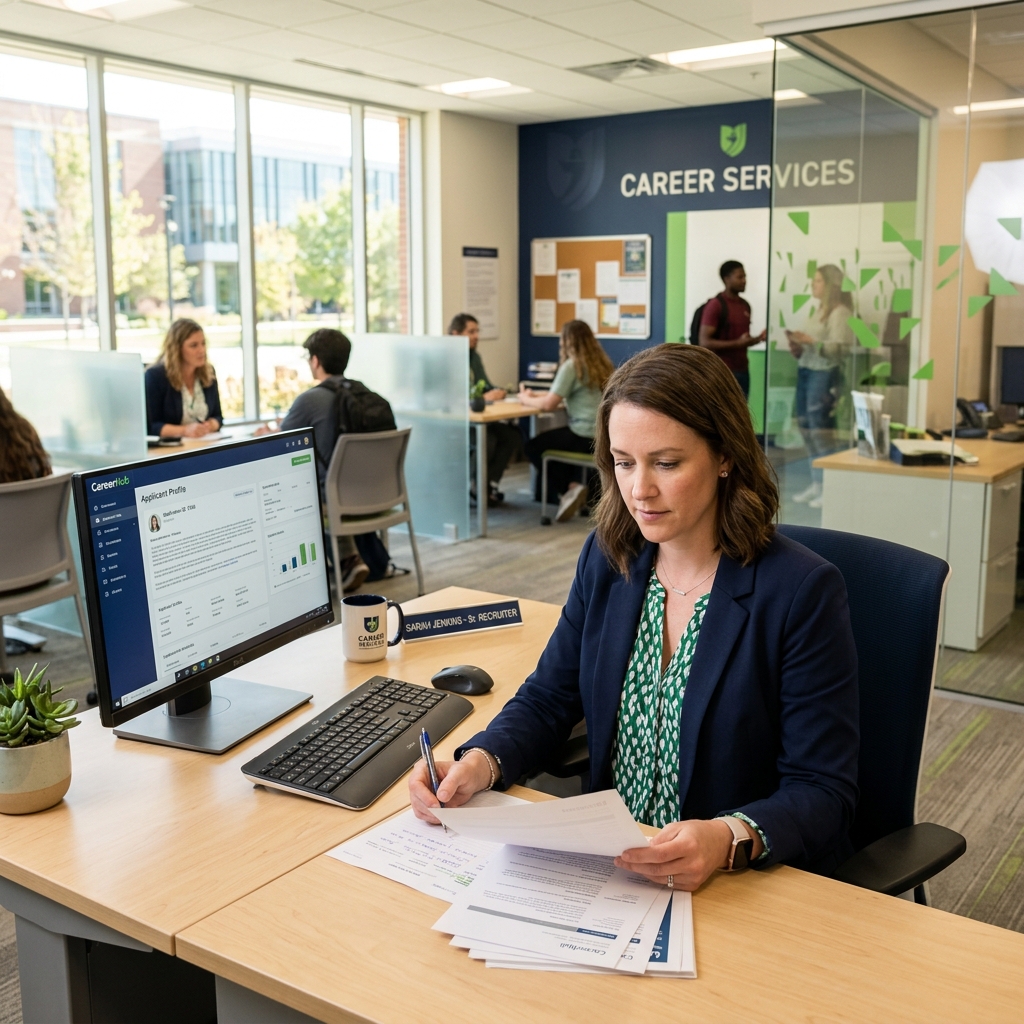 Recruiter reviewing resumes in a corporate office