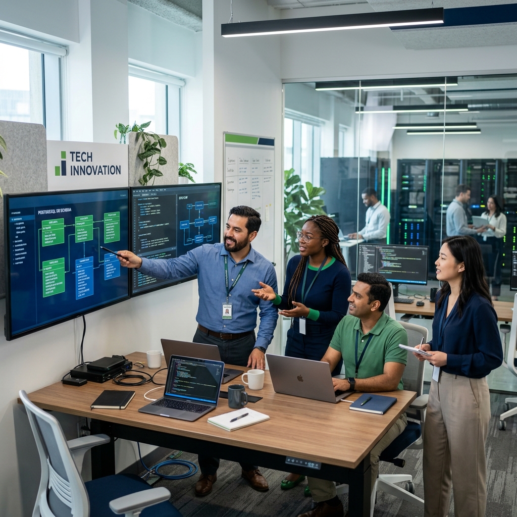 Software engineers and analysts collaborating on database structures