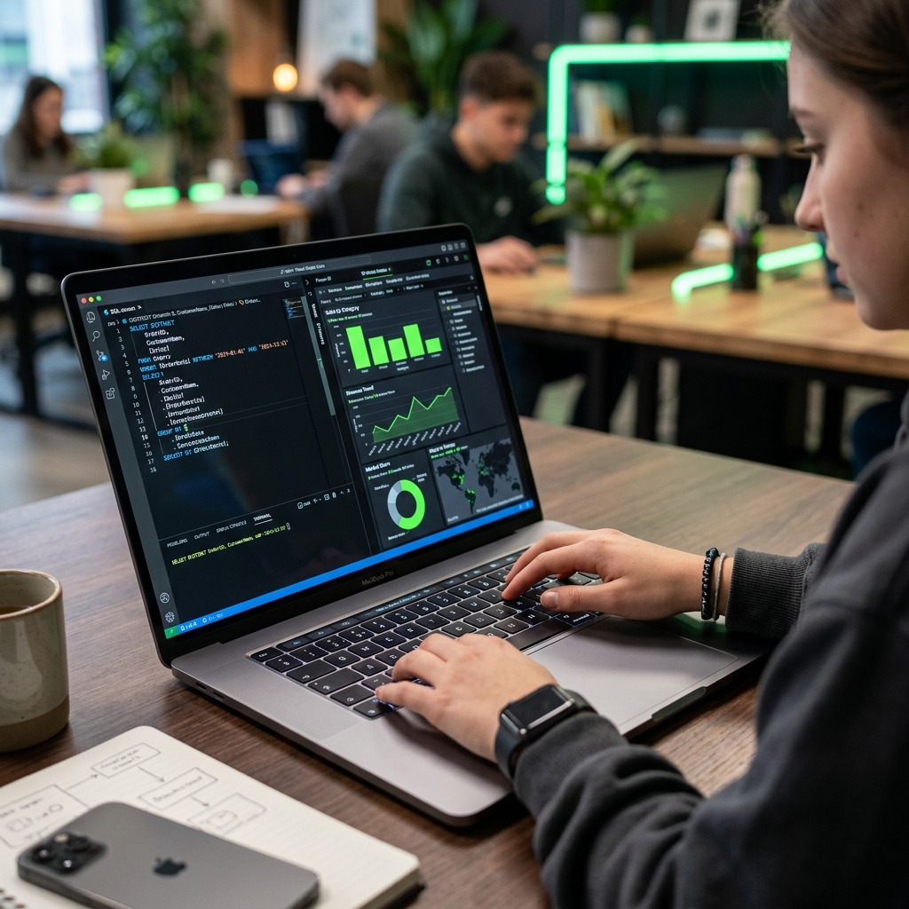 Student coding SQL and Power BI